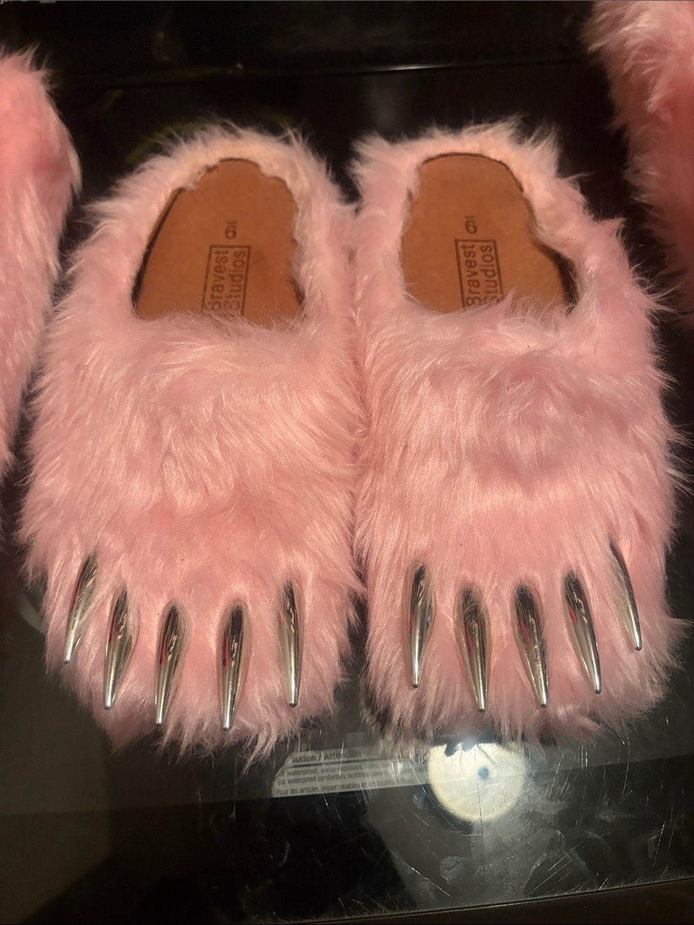 Bravest Studios Pink Faux Fur Slippers with Silver Claw Accents